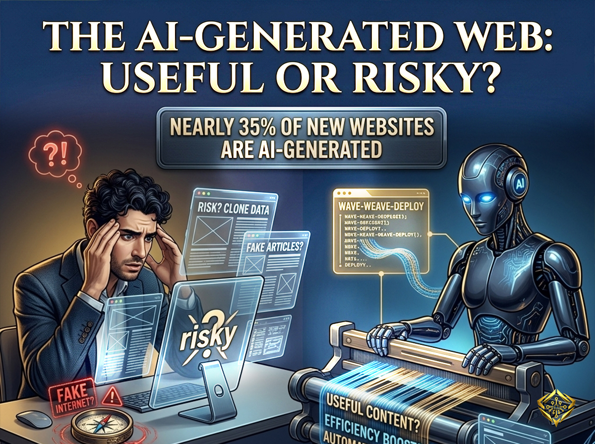 Infographic illustrating the duality of AI-generated websites, contrasting the risks faced by a stressed developer—such as data cloning and fake content—with the efficiency and automation benefits provided by an AI robot.