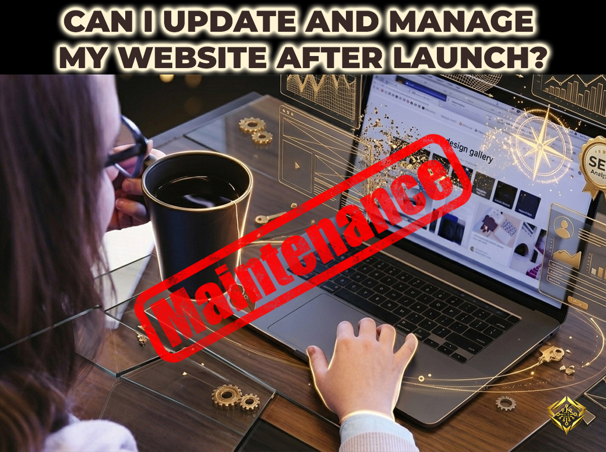 Illustration of a person working on website maintenance on a laptop, depicting the process of managing and updating a professional site after it has been launched.