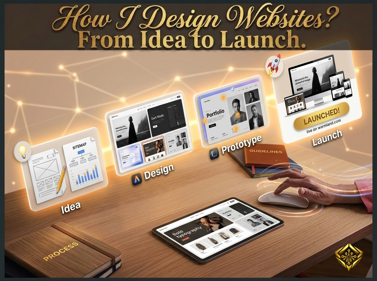 Infographic showing my professional website design process from idea to launch, broken down into four distinct stages: initial planning and sitemaps, UI/UX design, interactive prototyping, and final website deployment.