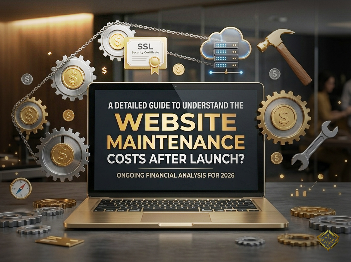 Laptop screen displaying a detailed guide on website maintenance costs after launch, surrounded by technical and financial icons like SSL certificates, servers, and tools, representing the 2026 ongoing financial analysis for website upkeep.
