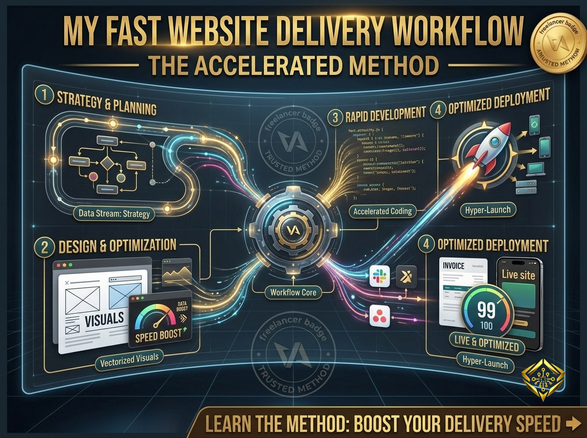 Infographic illustrating my workflow for fast website delivery, outlining the four stages: strategy, design, rapid development, and optimized deployment