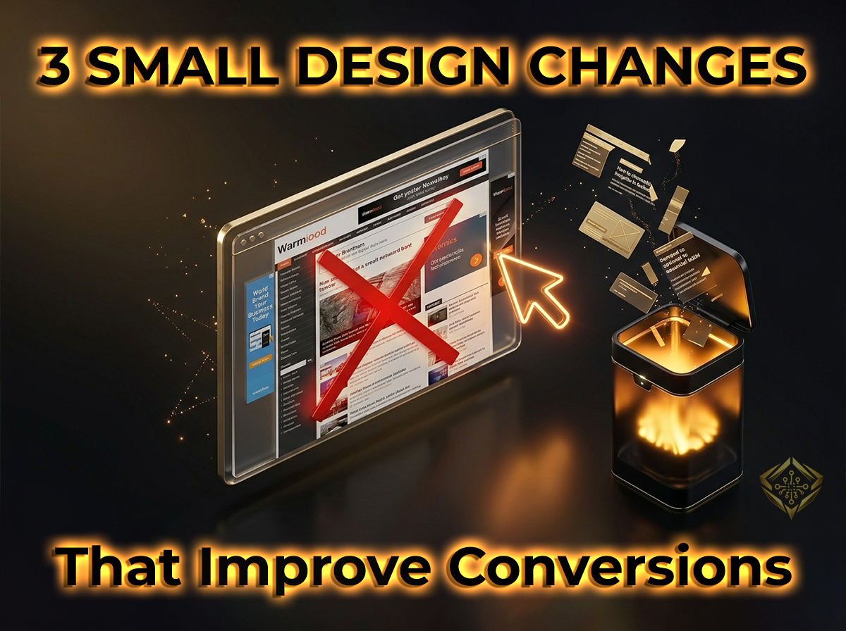 Conceptual graphic titled '3 Small Design Changes That Improve Conversions,' illustrating the removal of cluttered website elements via a cursor and trash bin to streamline the user interface.