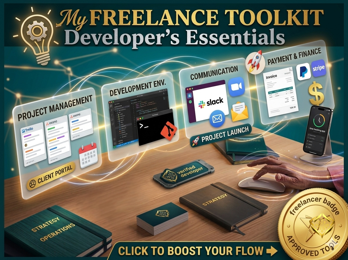 Infographic of my freelance developer toolkit, categorizing essential software for project management, development environments, team communication, and website development.