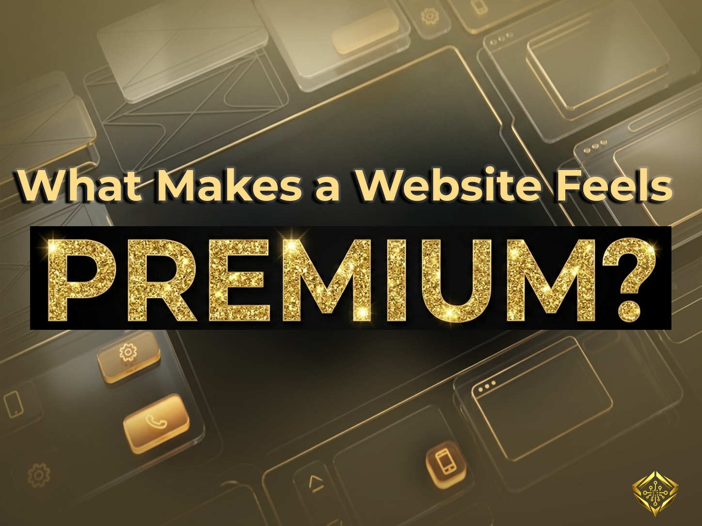 Graphic titled 'What Makes a Website Feels PREMIUM?' featuring elegant gold glitter typography set against a sophisticated dark background with glassmorphism user interface elements.