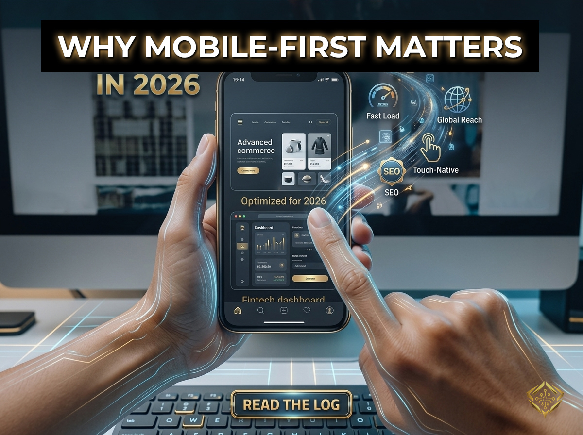 Infographic explaining why mobile-first design matters in 2026, featuring a smartphone with an optimized fintech dashboard and icons highlighting key benefits like fast load speeds, global reach, touch-native interface, and SEO.