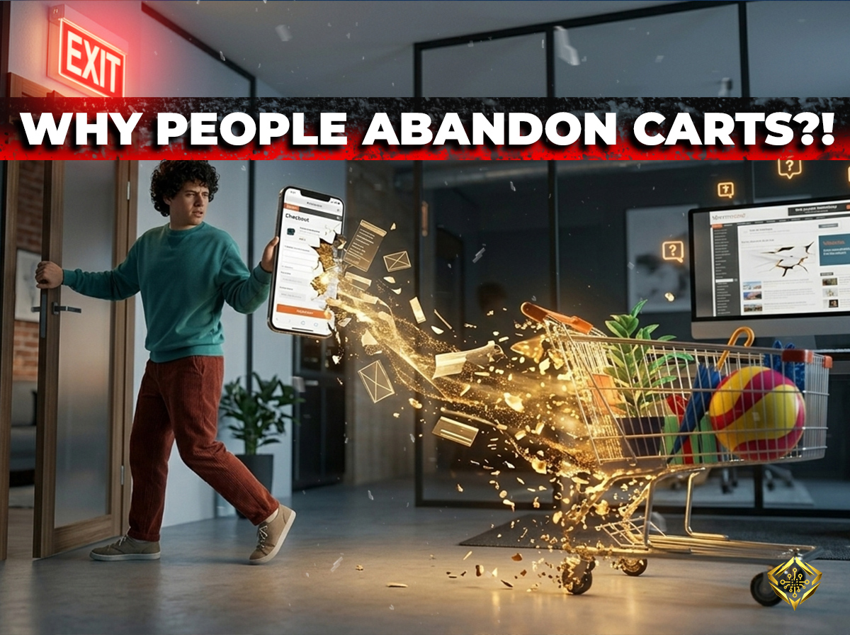 Conceptual illustration of shopping cart abandonment in e-commerce, showing a customer walking out an exit door while holding a mobile checkout screen as a shopping cart dissolves behind them.