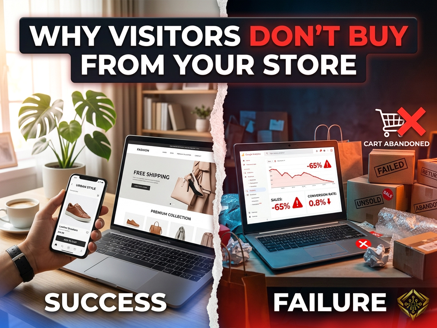 Split-screen infographic comparing e-commerce success and failure: the left side shows a successful mobile shopping experience, while the right side displays the negative impact of cart abandonment and low conversion rates, illustrating why visitors don't buy from a store.